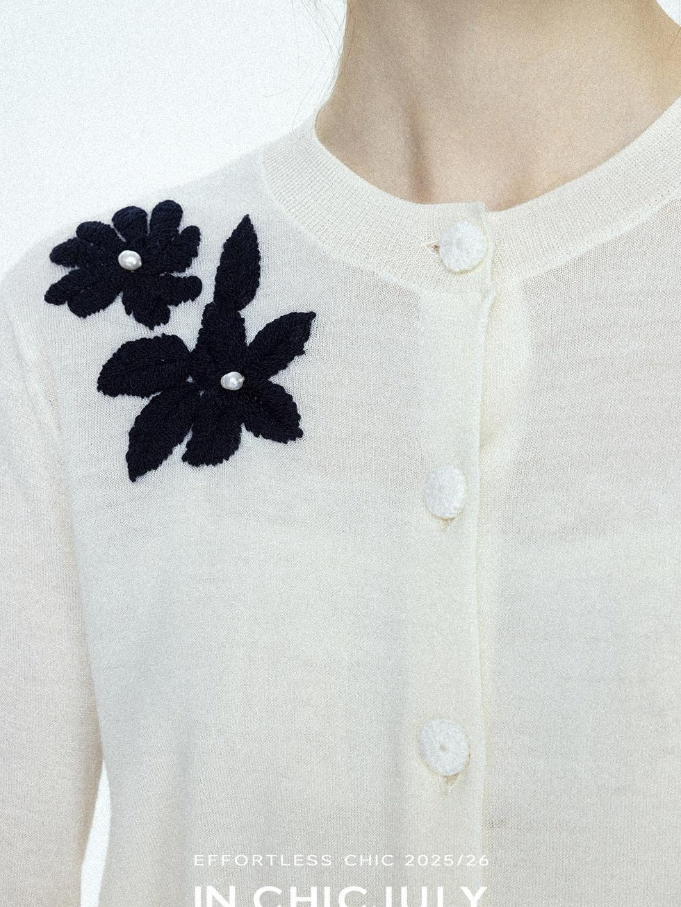 chicjuly Lily Of The Valley Pearl Embellished Striped Women's Superfine Wool Cardigans