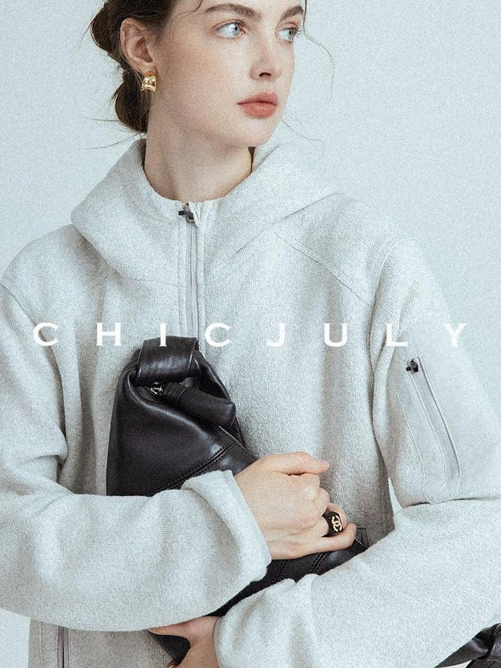chicjuly Looped Texture Short Hooded Zipper Women's Wool Blend Hoodies
