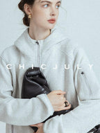 chicjuly Looped Texture Short Hooded Zipper Women's Wool Blend Hoodies