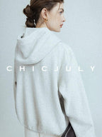 chicjuly Looped Texture Short Hooded Zipper Women's Wool Blend Hoodies