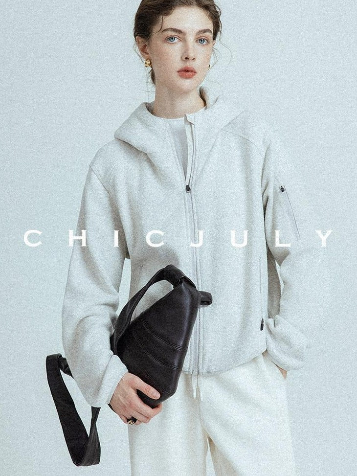 chicjuly Looped Texture Short Hooded Zipper Women's Wool Blend Hoodies