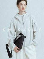 chicjuly Looped Texture Short Hooded Zipper Women's Wool Blend Hoodies