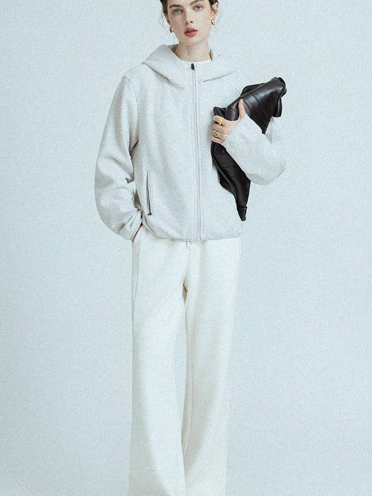 chicjuly Looped Texture Short Hooded Zipper Women's Wool Blend Hoodies
