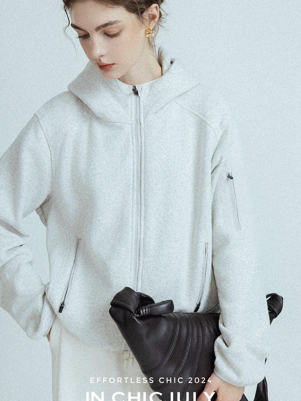 chicjuly Looped Texture Short Hooded Zipper Women's Wool Blend Hoodies