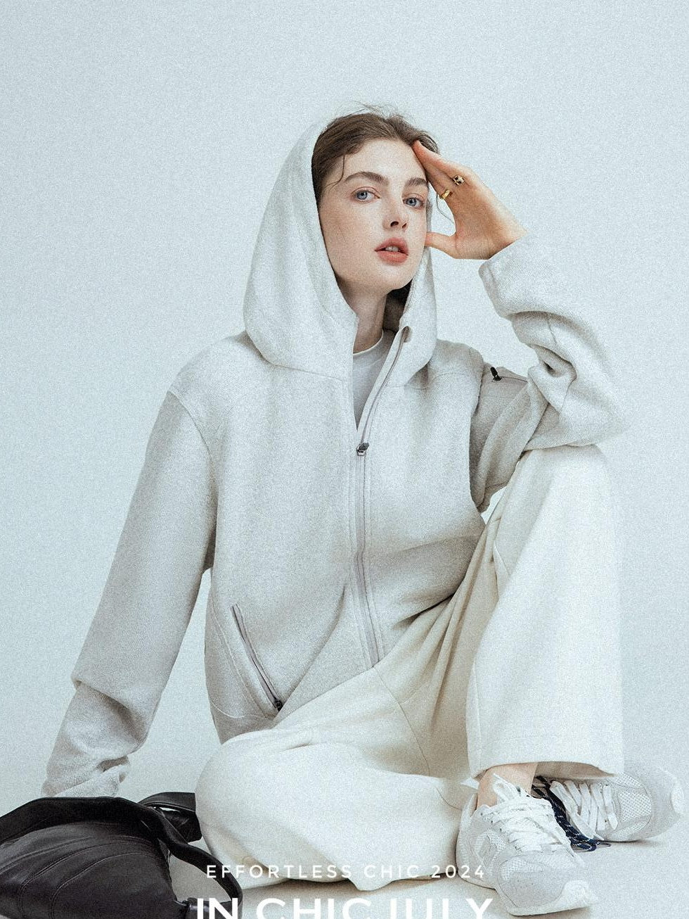 chicjuly Looped Texture Short Hooded Zipper Women's Wool Blend Hoodies