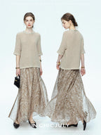 chicjuly Lustrous Printed Three Layer A Line Women's Pure Mulberry Silk Maxi Skirts
