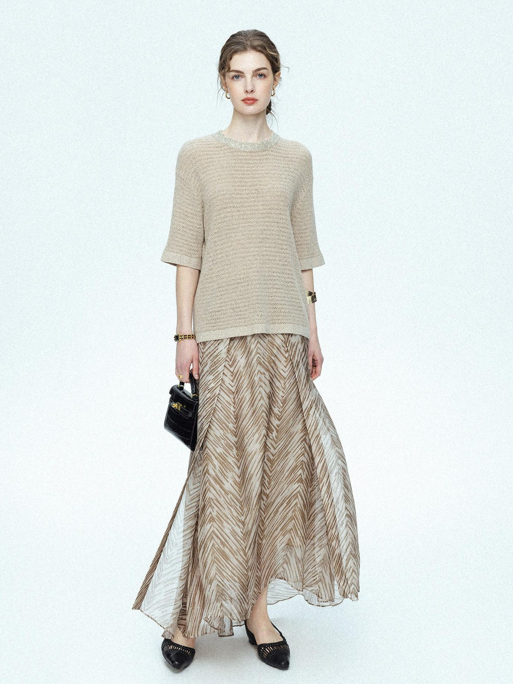 chicjuly Lustrous Printed Three Layer A Line Women's Pure Mulberry Silk Maxi Skirts