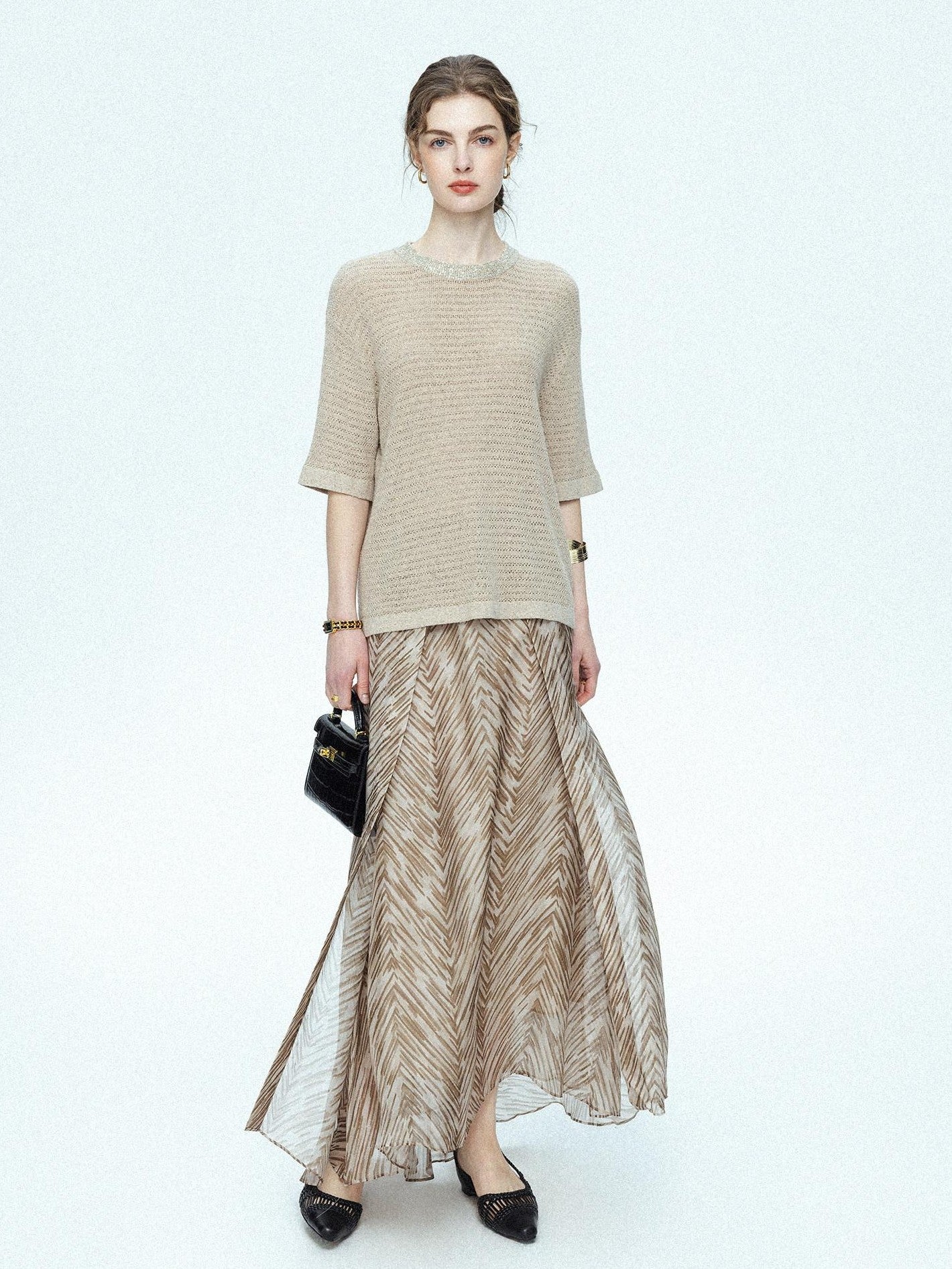 chicjuly Lustrous Printed Three Layer A Line Women's Pure Mulberry Silk Maxi Skirts