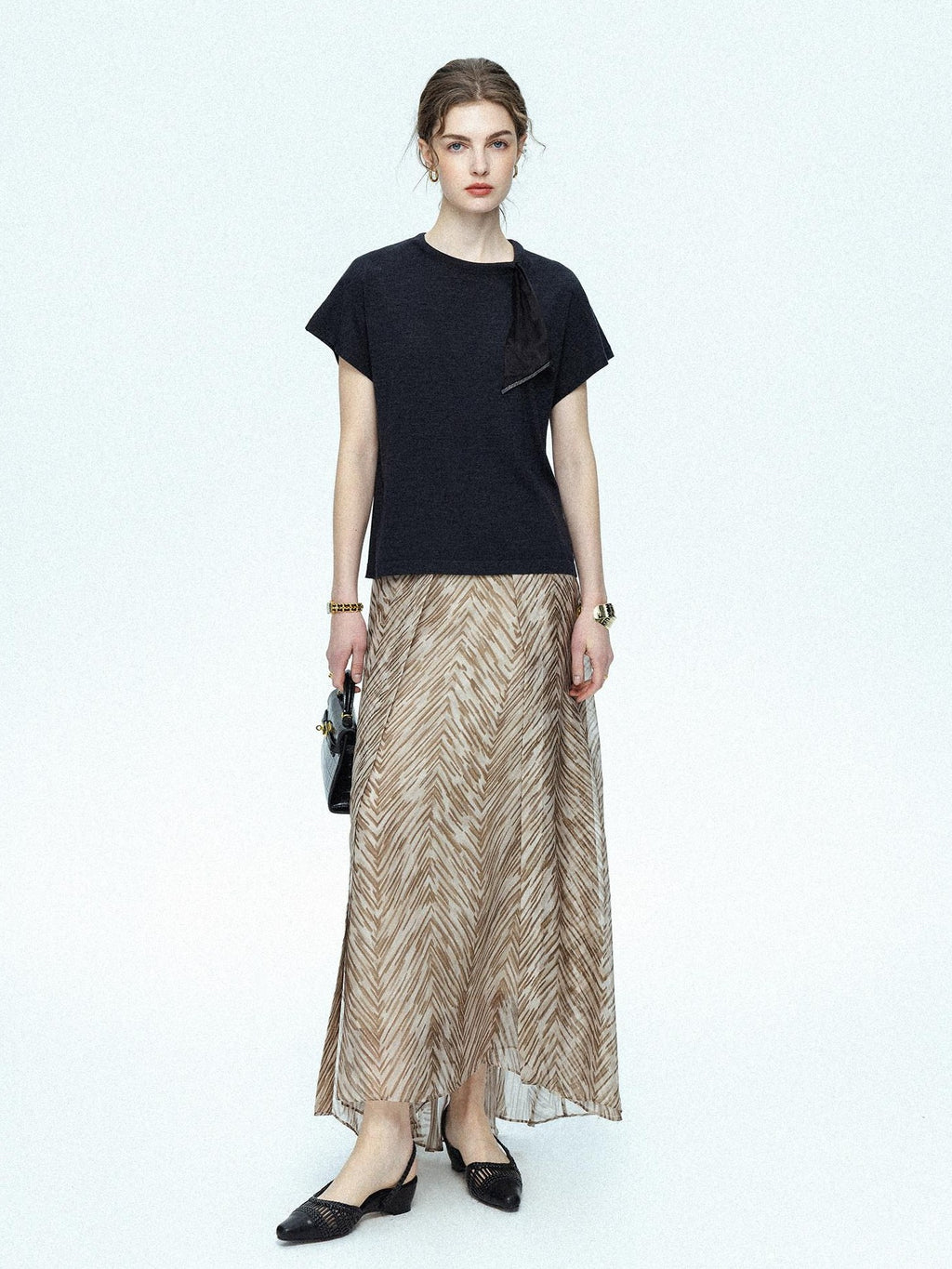 chicjuly Lustrous Printed Three Layer A Line Women's Pure Mulberry Silk Maxi Skirts