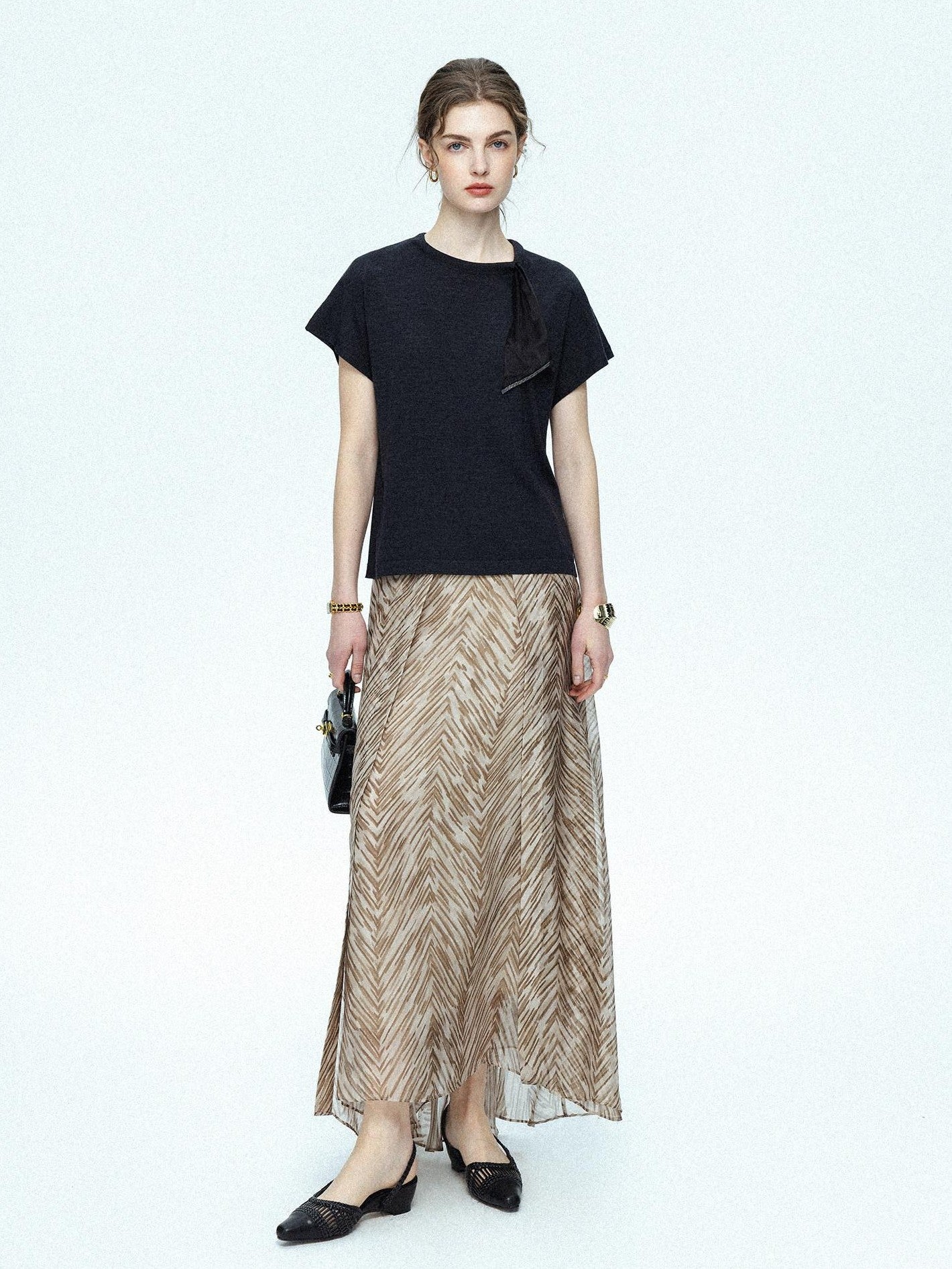 chicjuly Lustrous Printed Three Layer A Line Women's Pure Mulberry Silk Maxi Skirts