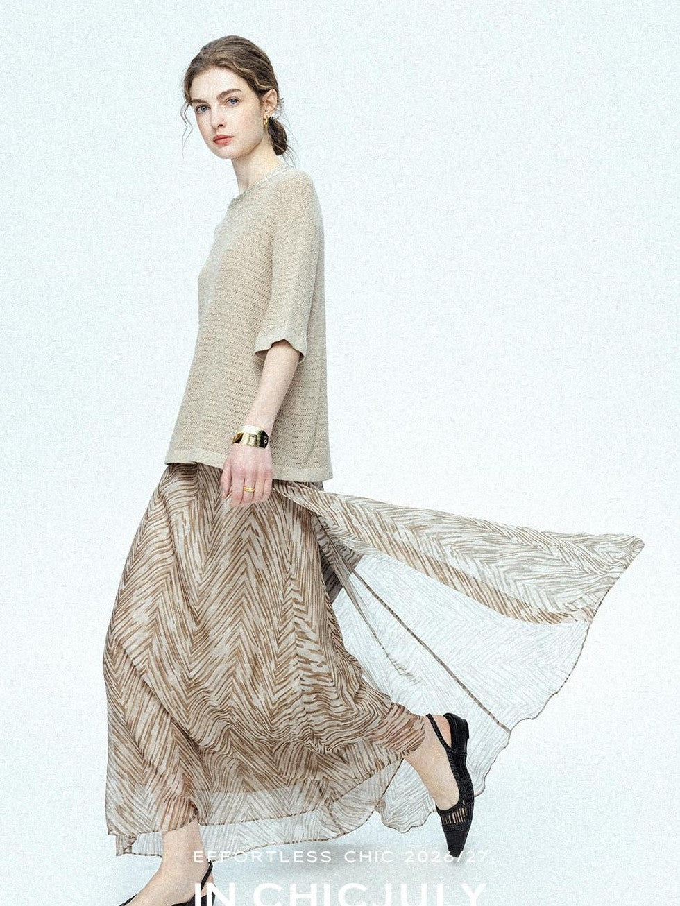 chicjuly Lustrous Printed Three Layer A Line Women's Pure Mulberry Silk Maxi Skirts