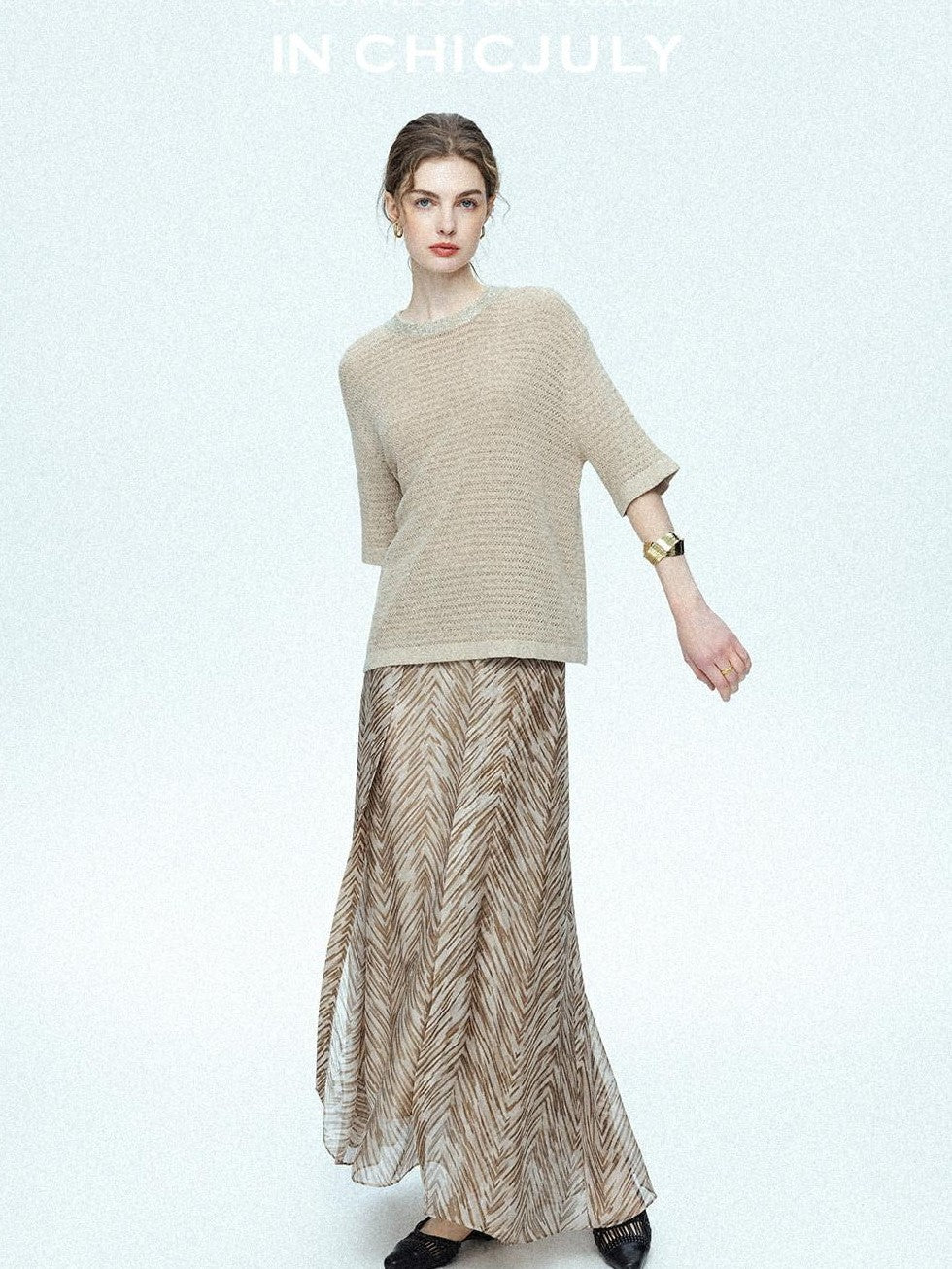 chicjuly Lustrous Printed Three Layer A Line Women's Pure Mulberry Silk Maxi Skirts