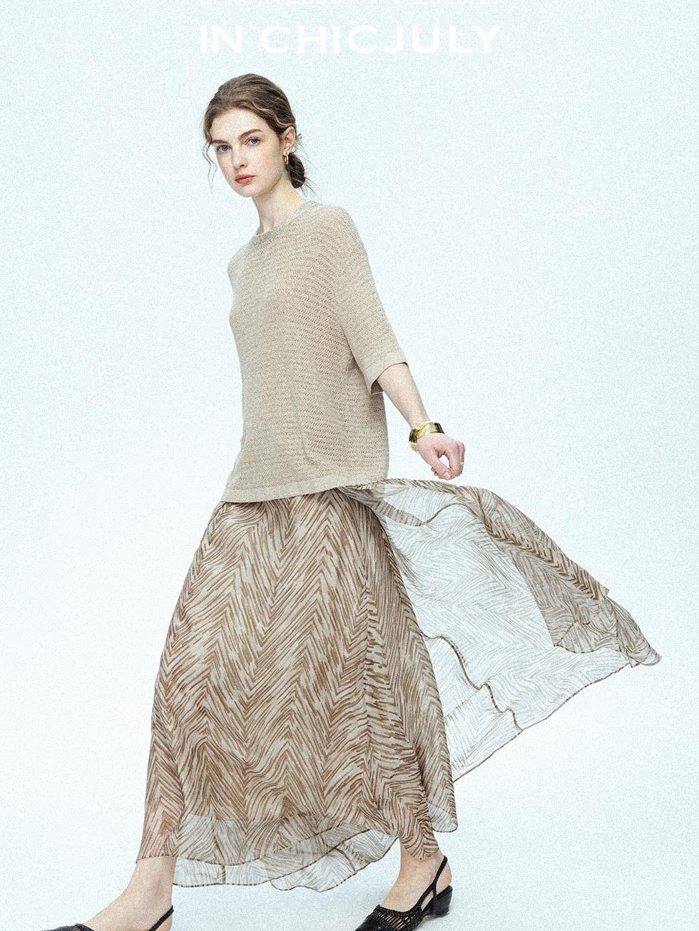 chicjuly Lustrous Printed Three Layer A Line Women's Pure Mulberry Silk Maxi Skirts