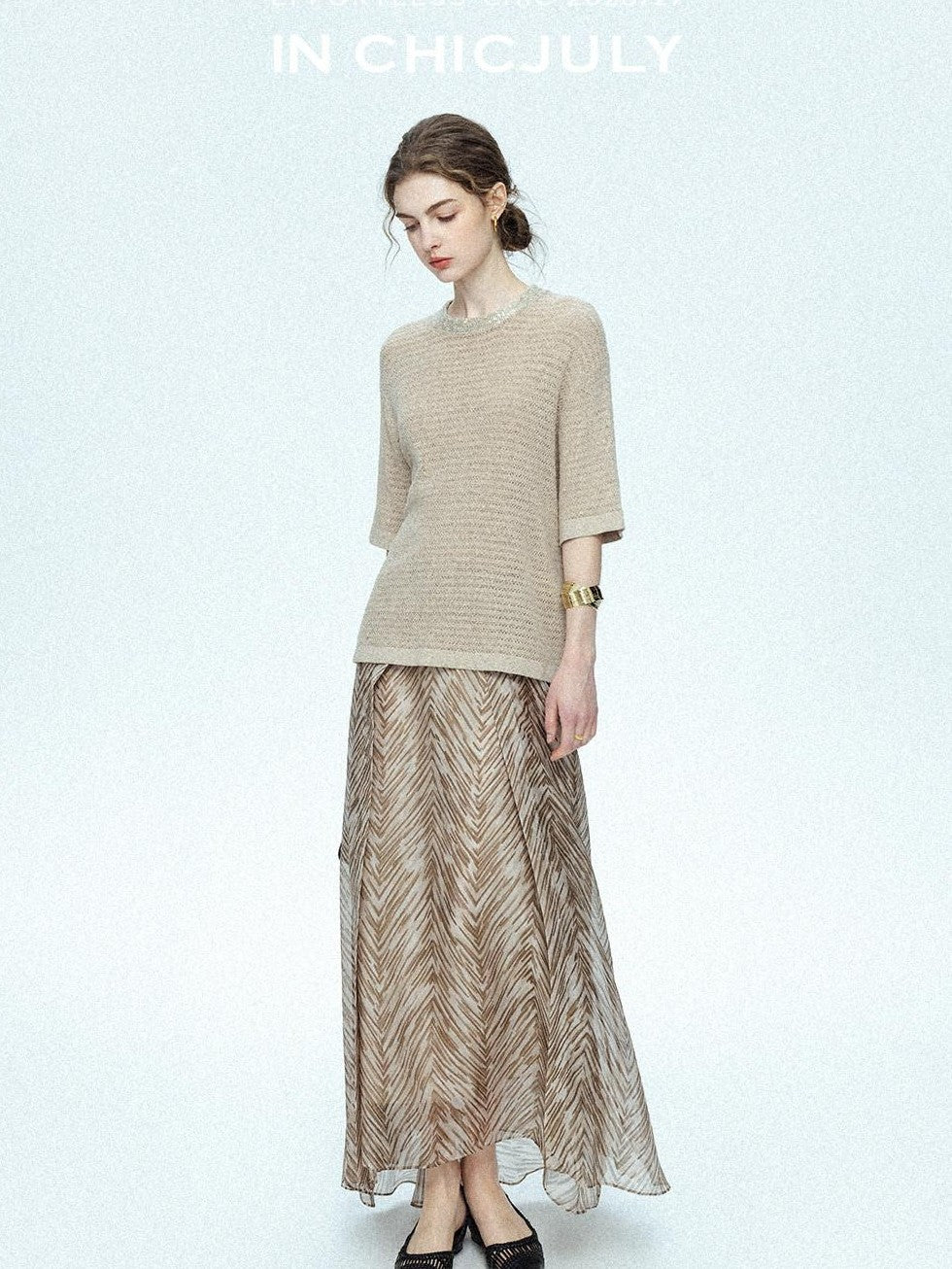 chicjuly Lustrous Printed Three Layer A Line Women's Pure Mulberry Silk Maxi Skirts