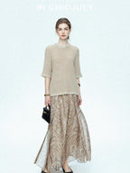 chicjuly Lustrous Printed Three Layer A Line Women's Pure Mulberry Silk Maxi Skirts