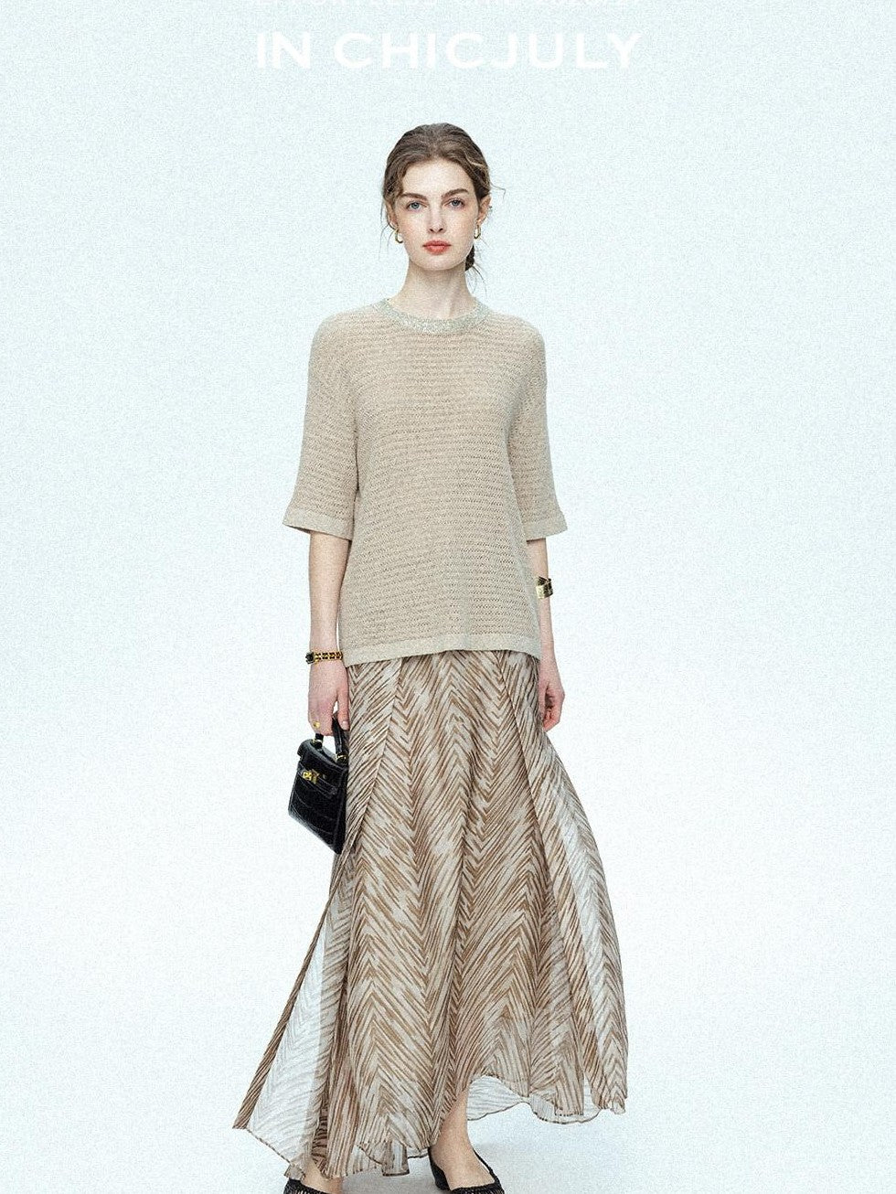 chicjuly Lustrous Printed Three Layer A Line Women's Pure Mulberry Silk Maxi Skirts