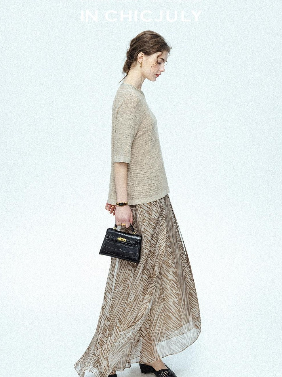 chicjuly Lustrous Printed Three Layer A Line Women's Pure Mulberry Silk Maxi Skirts