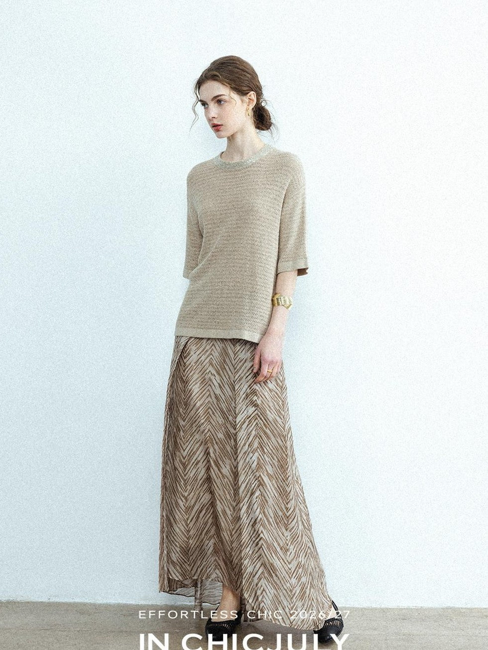 chicjuly Lustrous Printed Three Layer A Line Women's Pure Mulberry Silk Maxi Skirts