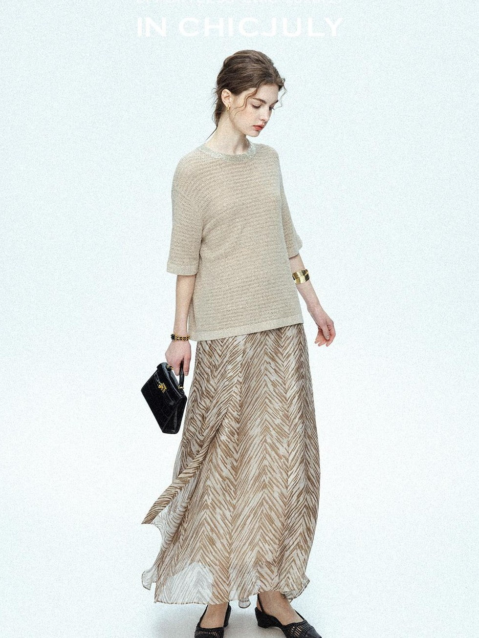chicjuly Lustrous Printed Three Layer A Line Women's Pure Mulberry Silk Maxi Skirts