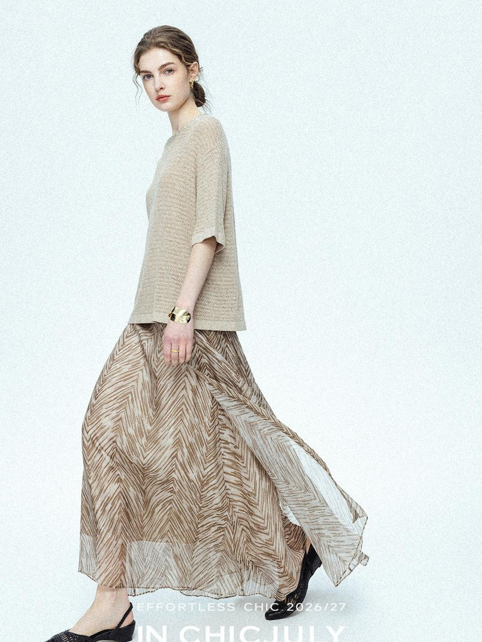 chicjuly Lustrous Printed Three Layer A Line Women's Pure Mulberry Silk Maxi Skirts