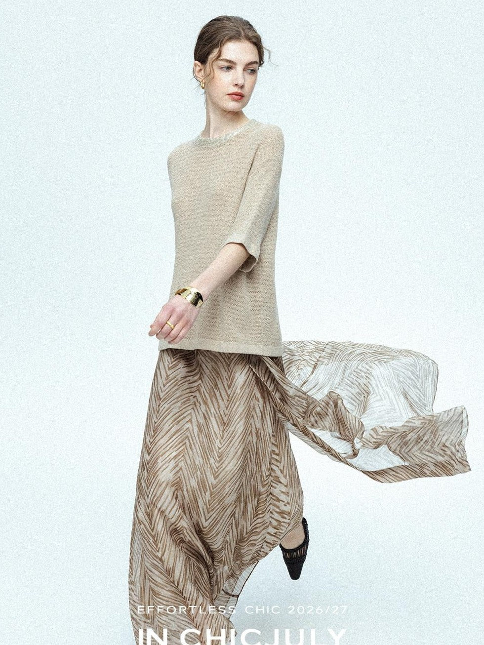 chicjuly Lustrous Printed Three Layer A Line Women's Pure Mulberry Silk Maxi Skirts