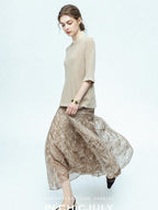 chicjuly Lustrous Printed Three Layer A Line Women's Pure Mulberry Silk Maxi Skirts