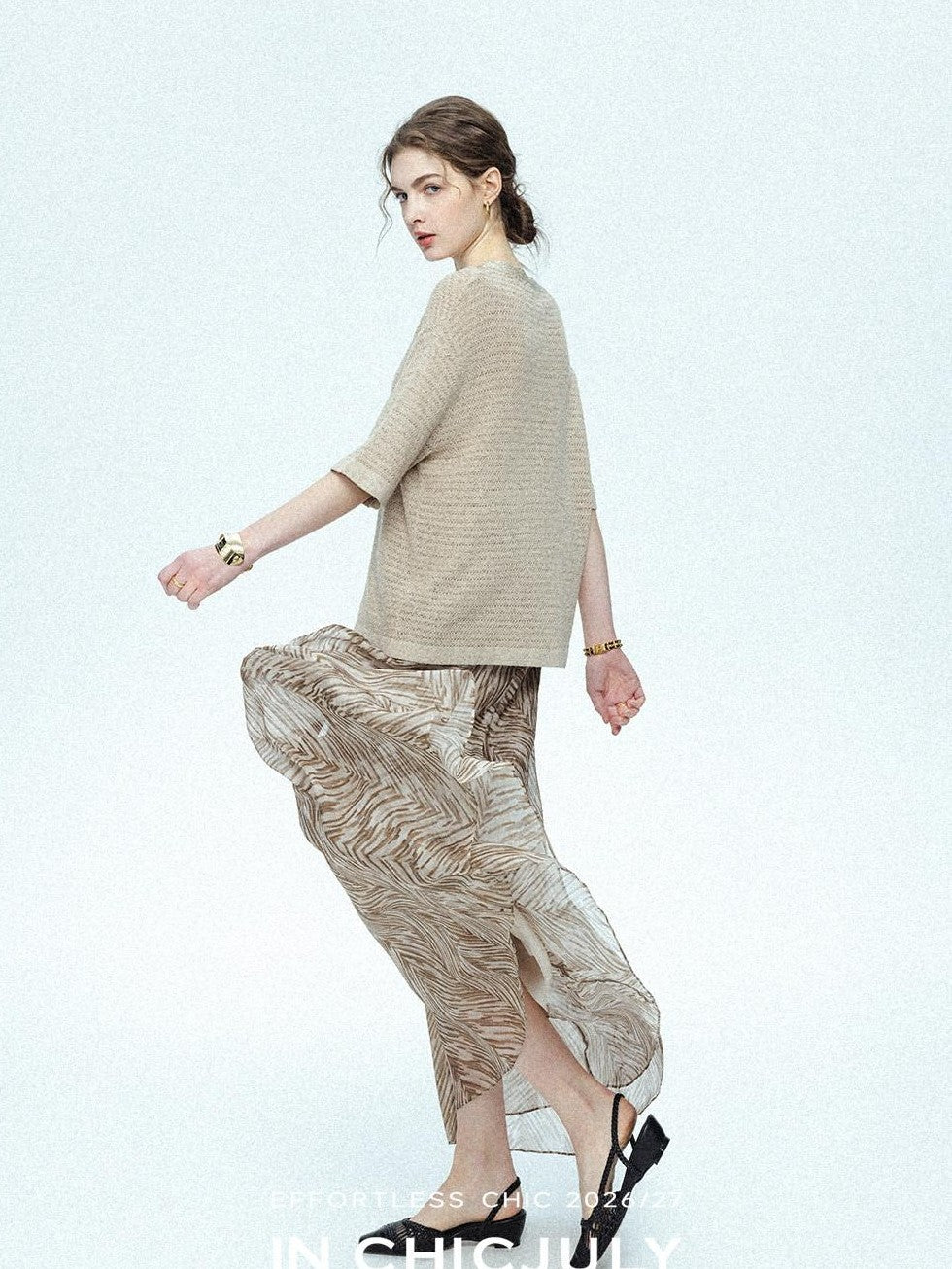 chicjuly Lustrous Printed Three Layer A Line Women's Pure Mulberry Silk Maxi Skirts