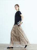chicjuly Lustrous Printed Three Layer A Line Women's Pure Mulberry Silk Maxi Skirts