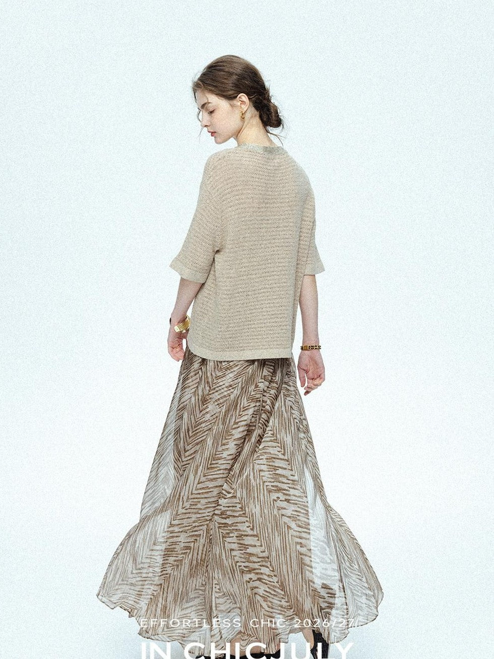 chicjuly Lustrous Printed Three Layer A Line Women's Pure Mulberry Silk Maxi Skirts