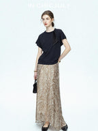 chicjuly Lustrous Printed Three Layer A Line Women's Pure Mulberry Silk Maxi Skirts