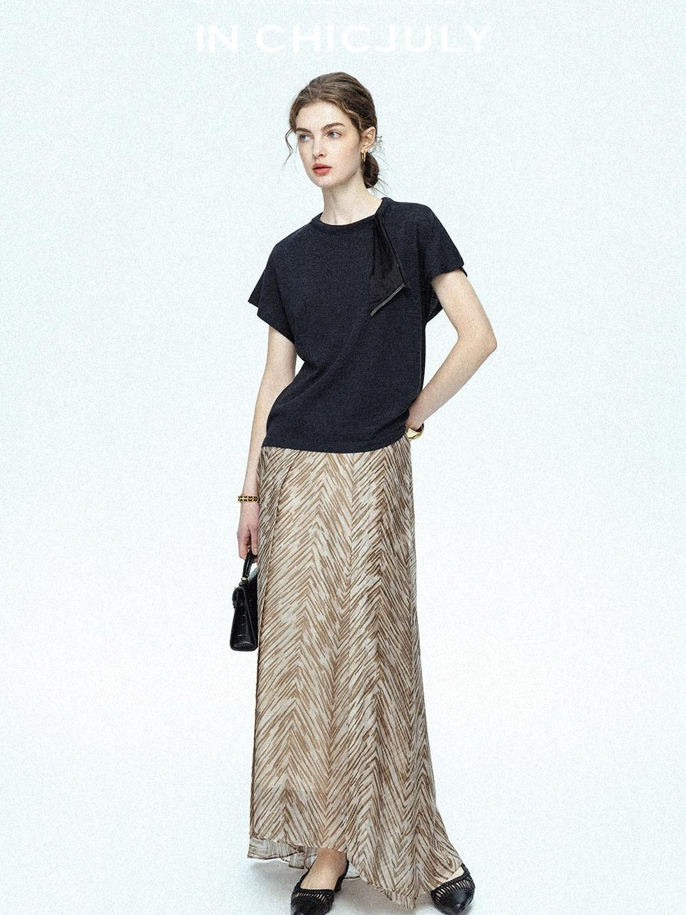 chicjuly Lustrous Printed Three Layer A Line Women's Pure Mulberry Silk Maxi Skirts