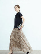 chicjuly Lustrous Printed Three Layer A Line Women's Pure Mulberry Silk Maxi Skirts