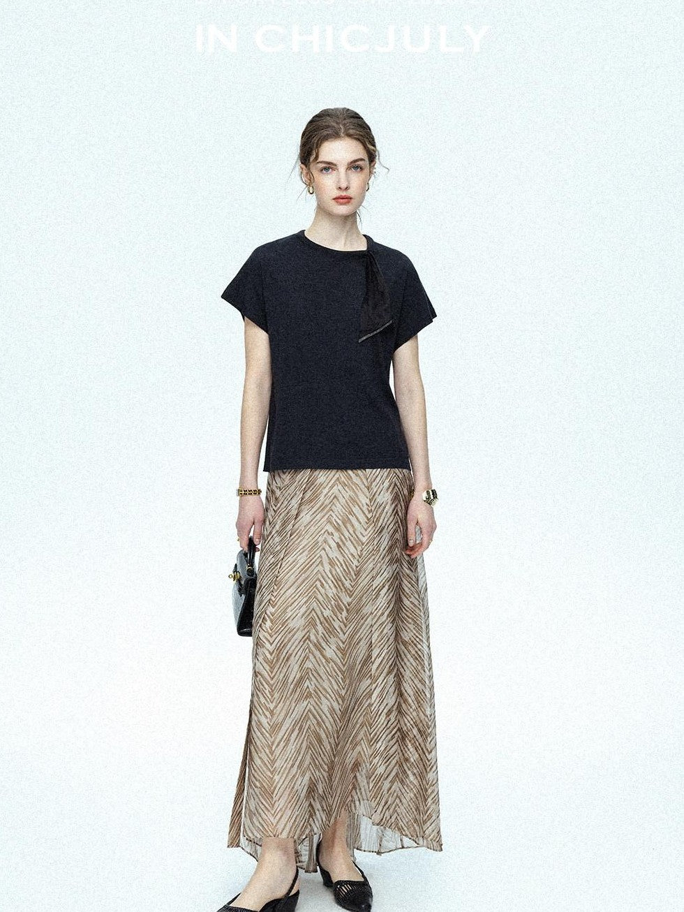 chicjuly Lustrous Printed Three Layer A Line Women's Pure Mulberry Silk Maxi Skirts