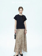 chicjuly Lustrous Printed Three Layer A Line Women's Pure Mulberry Silk Maxi Skirts