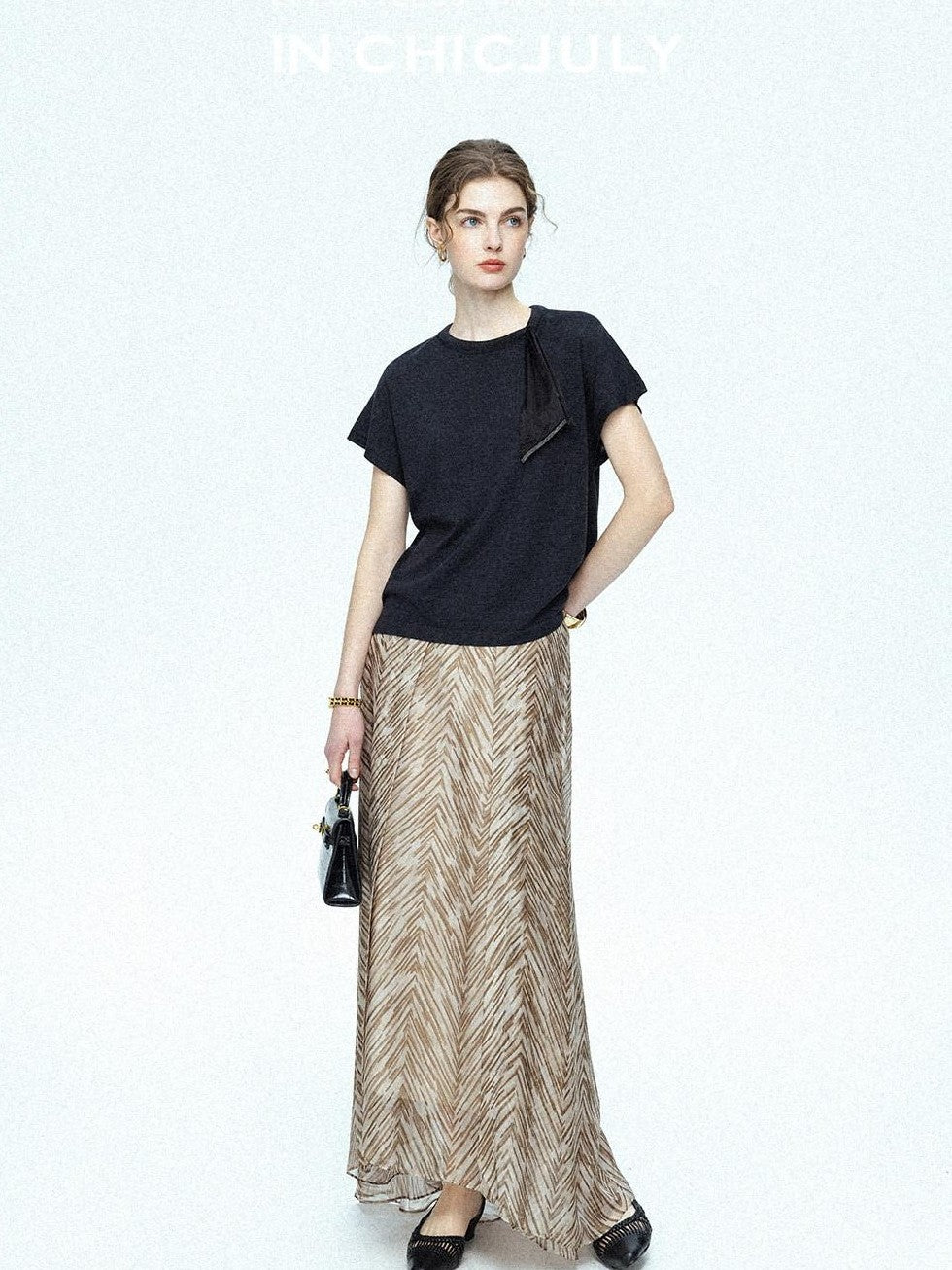 chicjuly Lustrous Printed Three Layer A Line Women's Pure Mulberry Silk Maxi Skirts