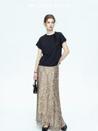 chicjuly Lustrous Printed Three Layer A Line Women's Pure Mulberry Silk Maxi Skirts