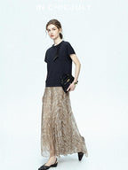 chicjuly Lustrous Printed Three Layer A Line Women's Pure Mulberry Silk Maxi Skirts