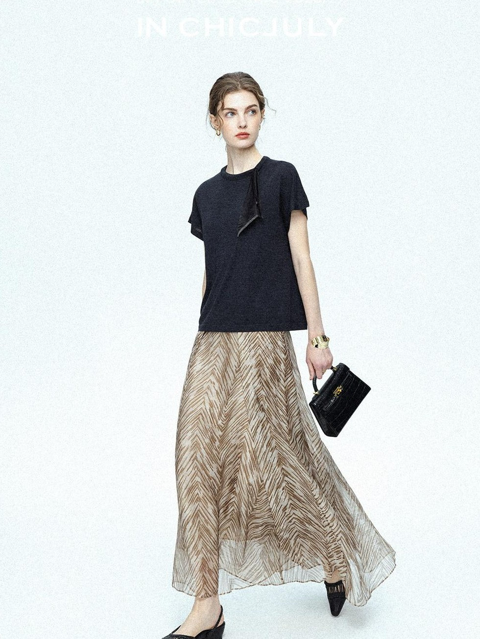 chicjuly Lustrous Printed Three Layer A Line Women's Pure Mulberry Silk Maxi Skirts
