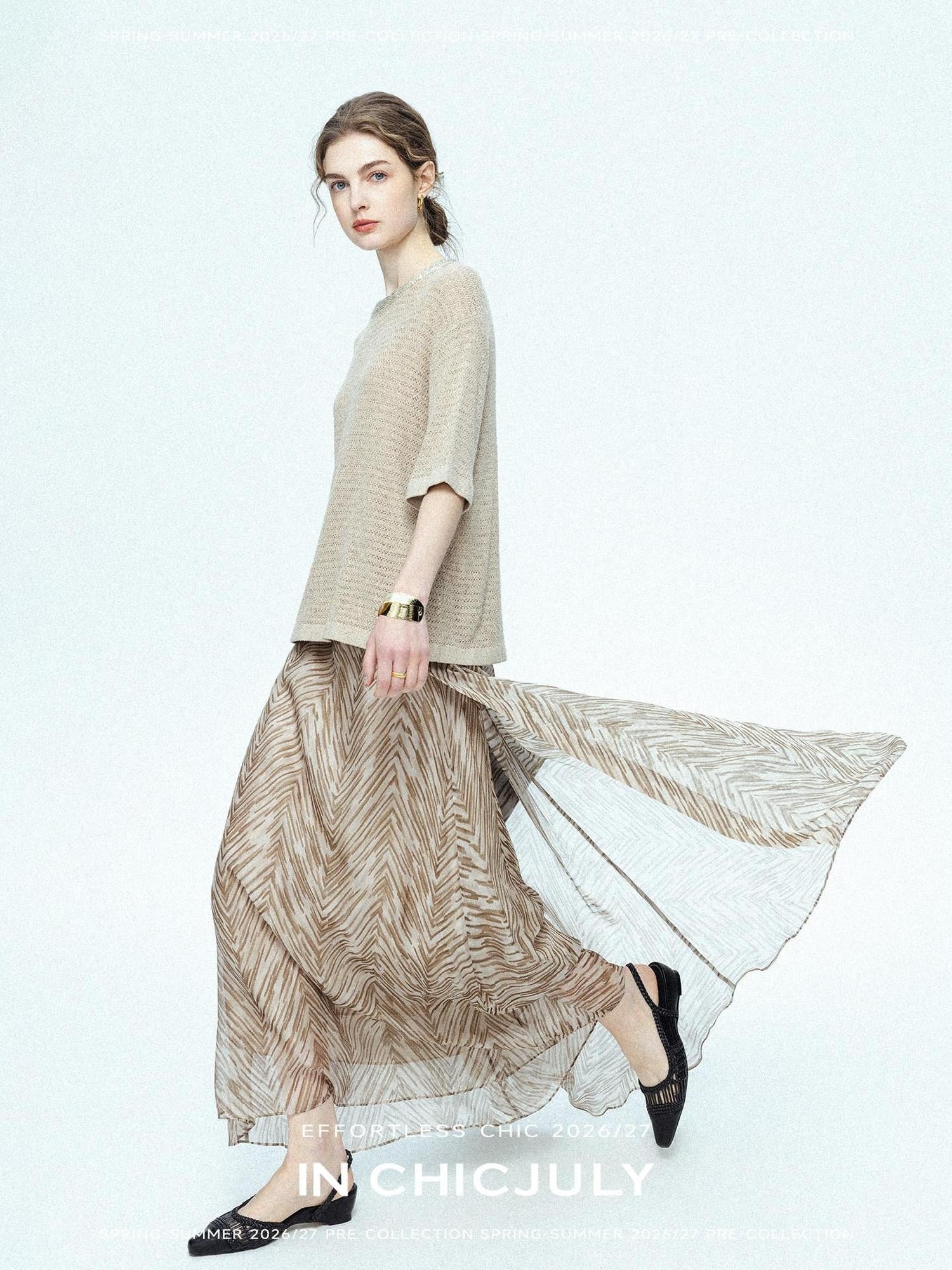 chicjuly Lustrous Printed Three Layer A Line Women's Pure Mulberry Silk Maxi Skirts