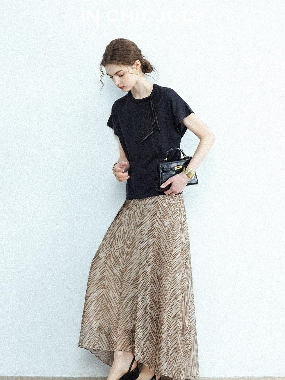 chicjuly Lustrous Printed Three Layer A Line Women's Pure Mulberry Silk Maxi Skirts