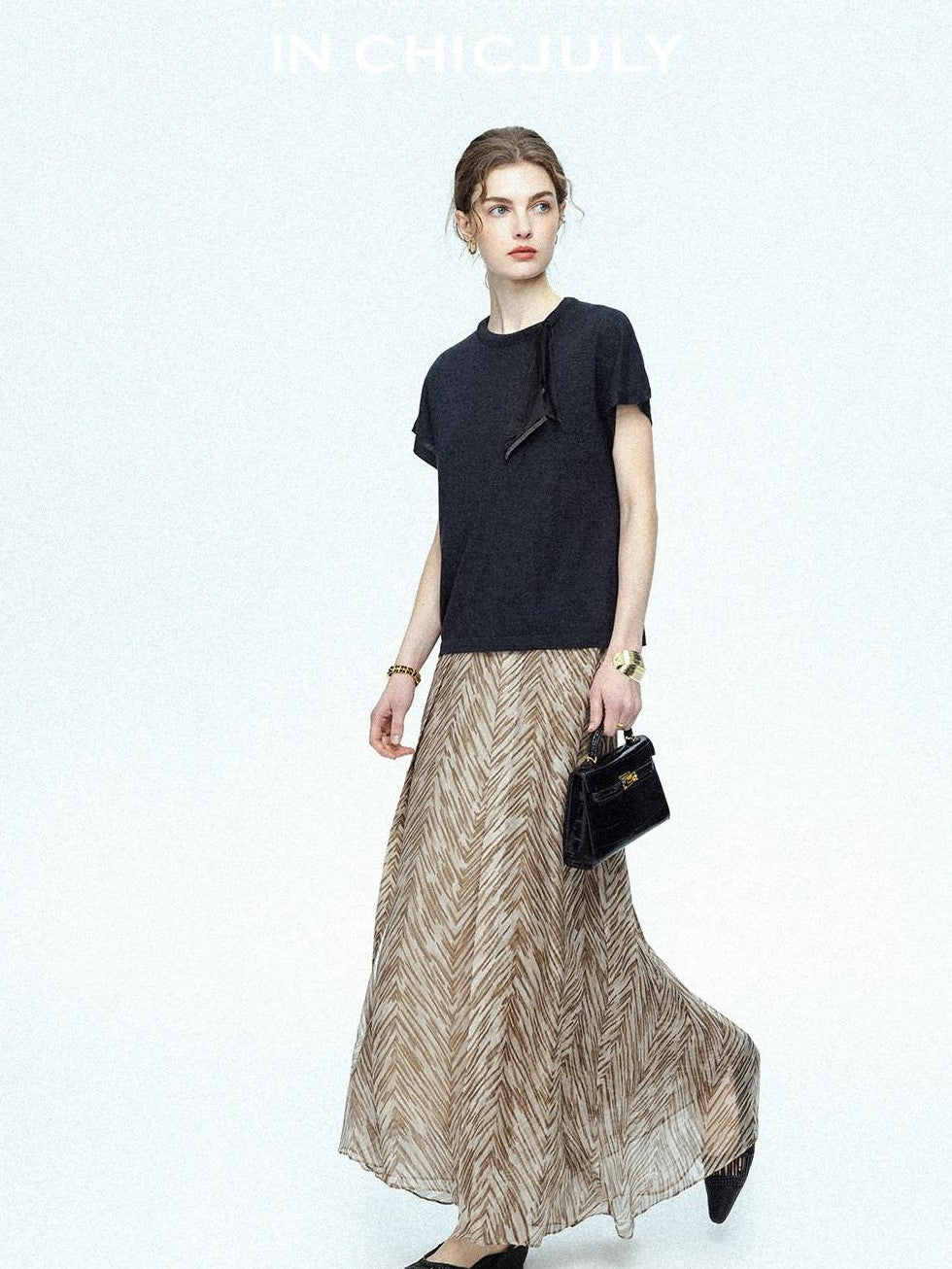 chicjuly Lustrous Printed Three Layer A Line Women's Pure Mulberry Silk Maxi Skirts