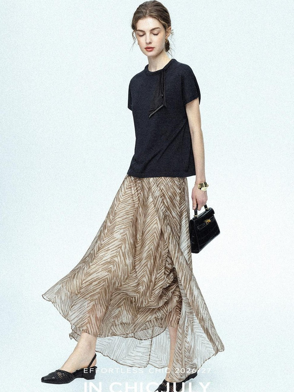 chicjuly Lustrous Printed Three Layer A Line Women's Pure Mulberry Silk Maxi Skirts
