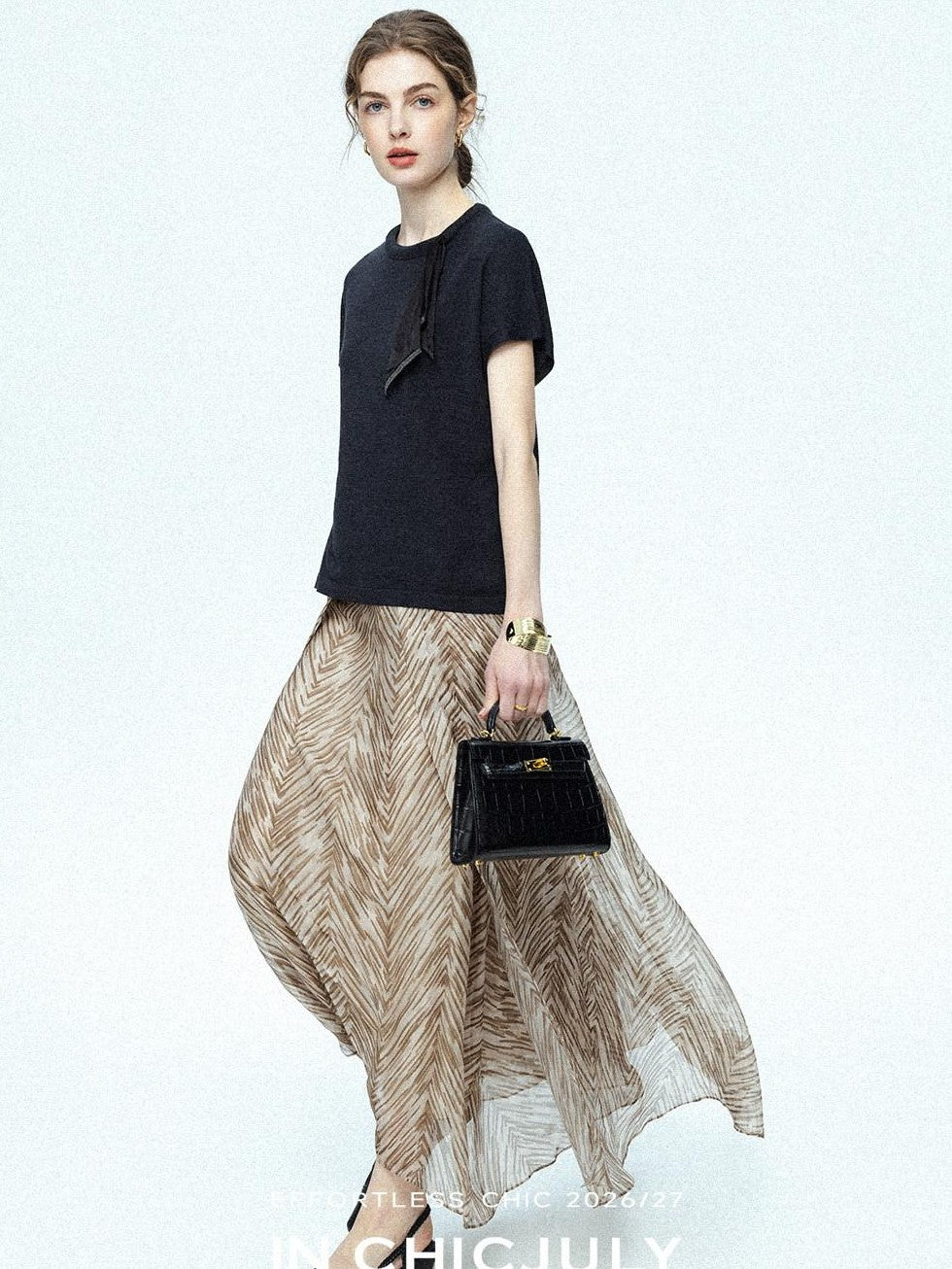 chicjuly Lustrous Printed Three Layer A Line Women's Pure Mulberry Silk Maxi Skirts