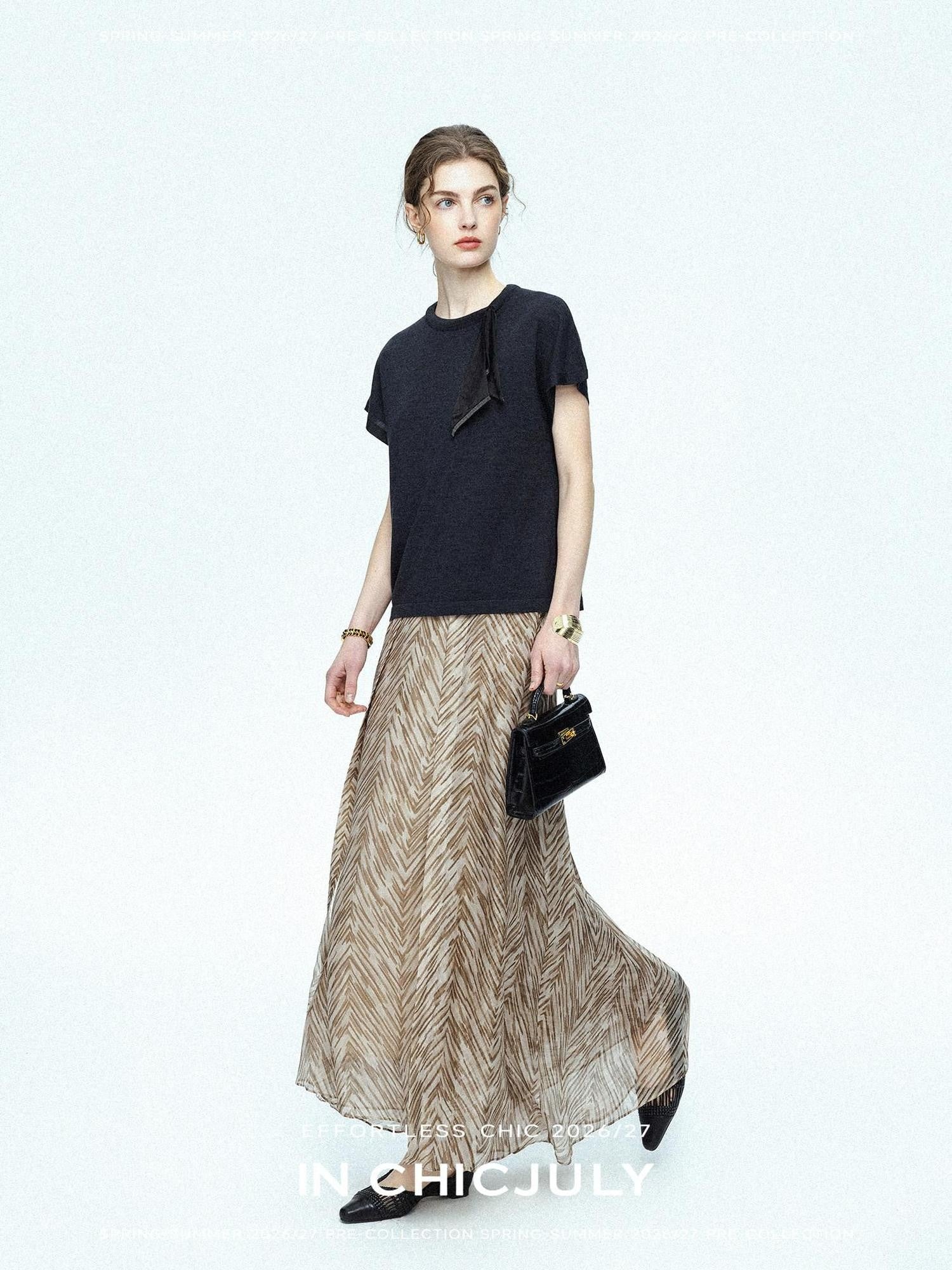 chicjuly Lustrous Printed Three Layer A Line Women's Pure Mulberry Silk Maxi Skirts