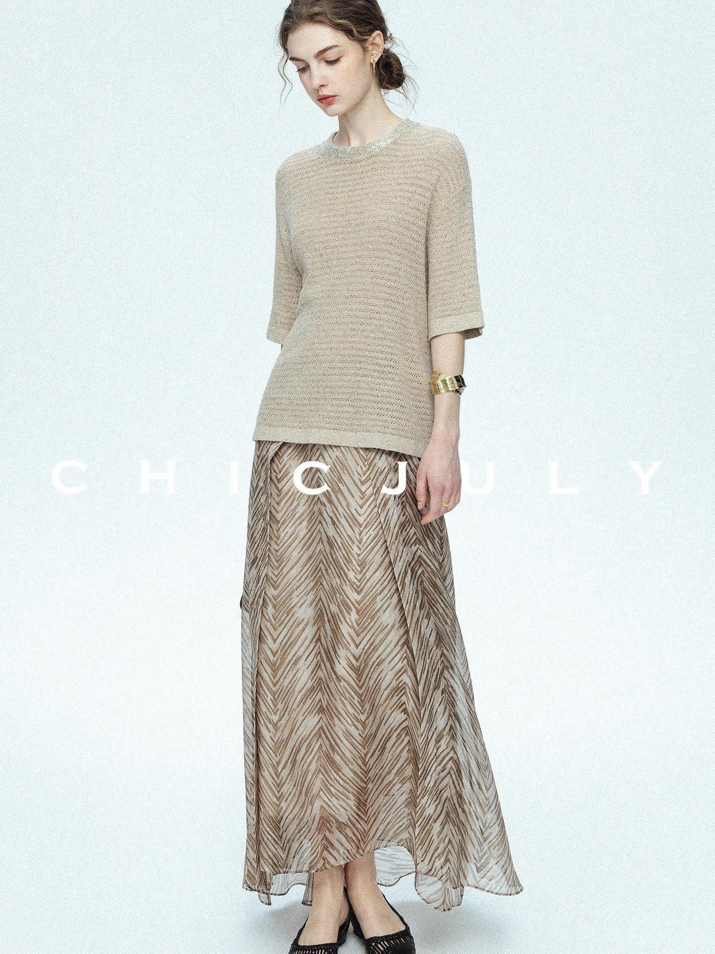chicjuly Lustrous Printed Three Layer A Line Women's Pure Mulberry Silk Maxi Skirts