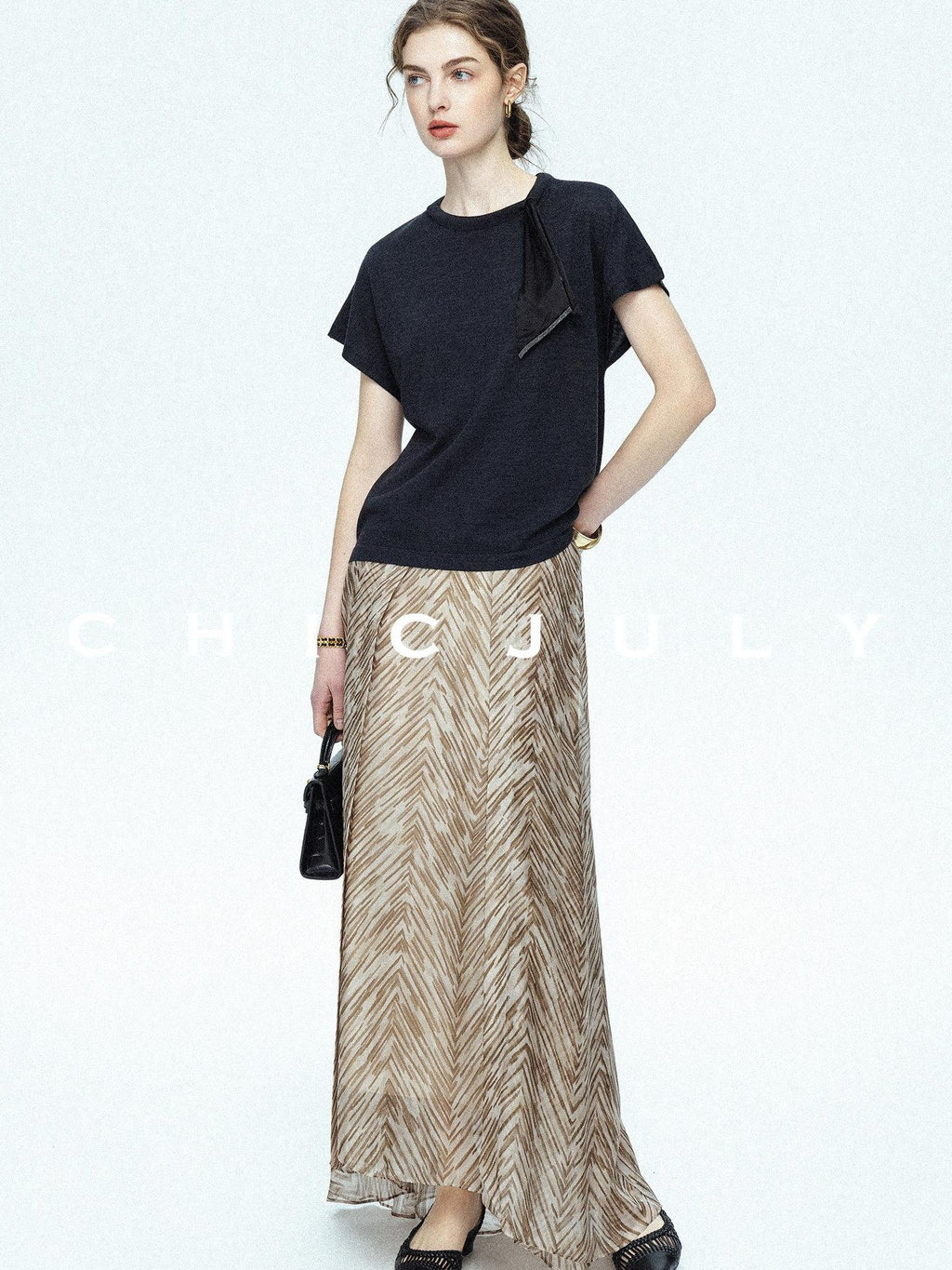 chicjuly Lustrous Printed Three Layer A Line Women's Pure Mulberry Silk Maxi Skirts