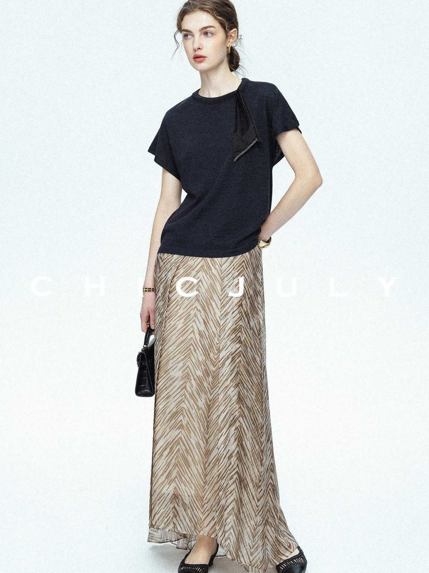 chicjuly Lustrous Printed Three Layer A Line Women's Pure Mulberry Silk Maxi Skirts