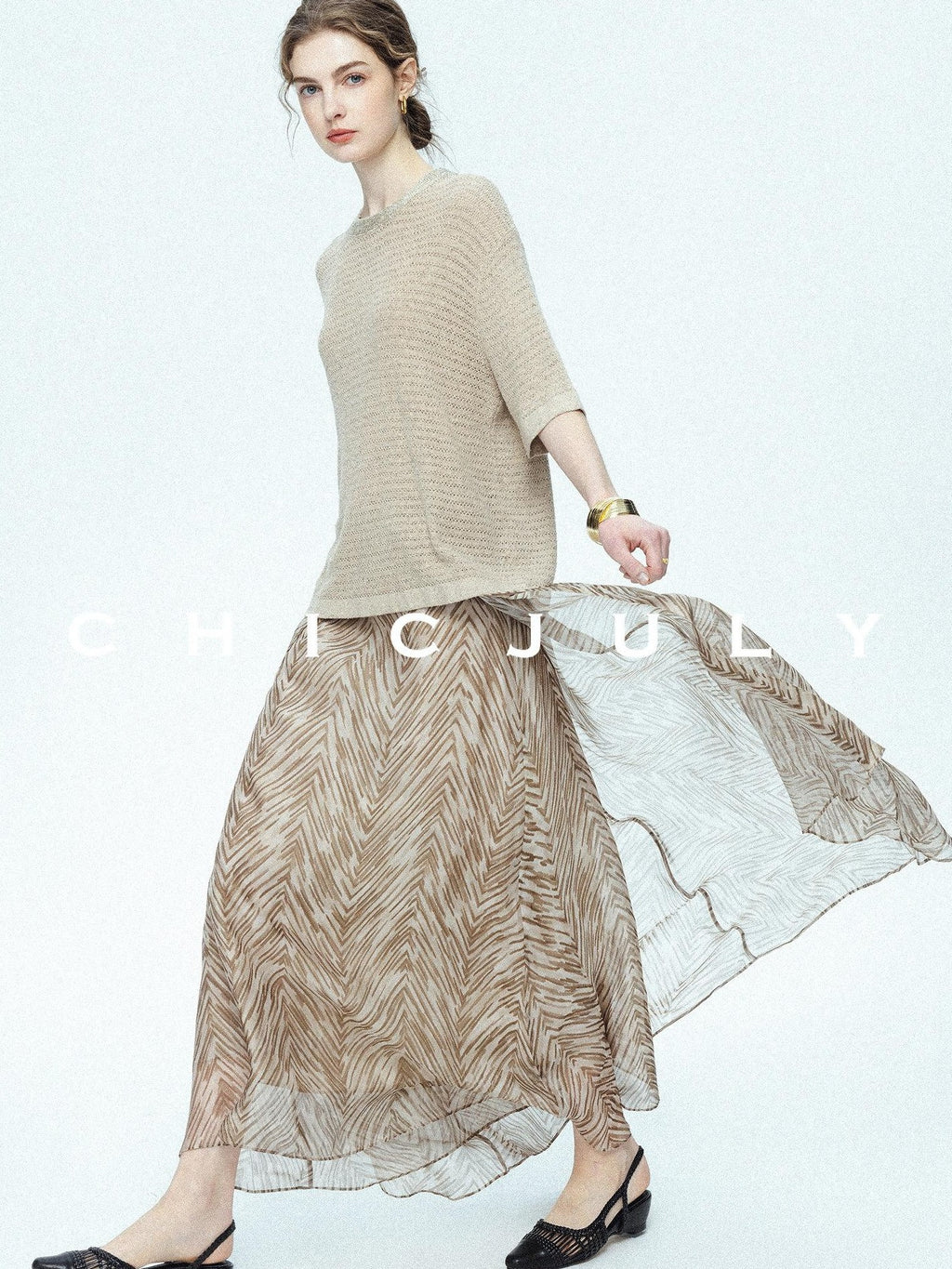chicjuly Lustrous Printed Three Layer A Line Women's Pure Mulberry Silk Maxi Skirts