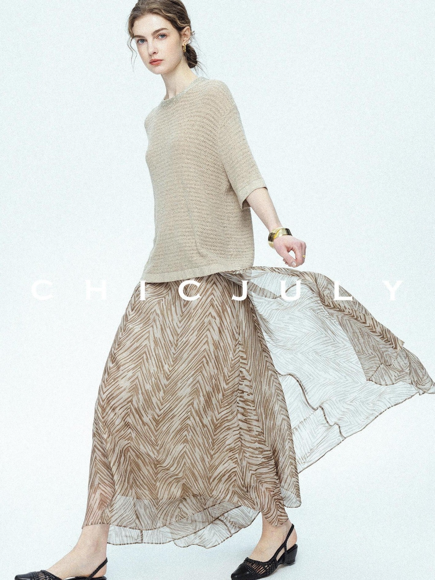 chicjuly Lustrous Printed Three Layer A Line Women's Pure Mulberry Silk Maxi Skirts