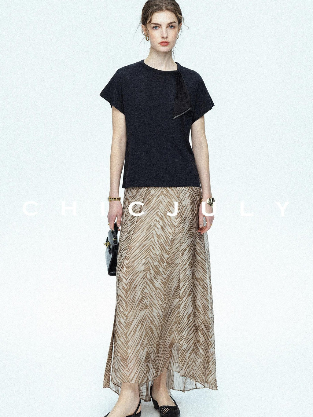 chicjuly Lustrous Printed Three Layer A Line Women's Pure Mulberry Silk Maxi Skirts